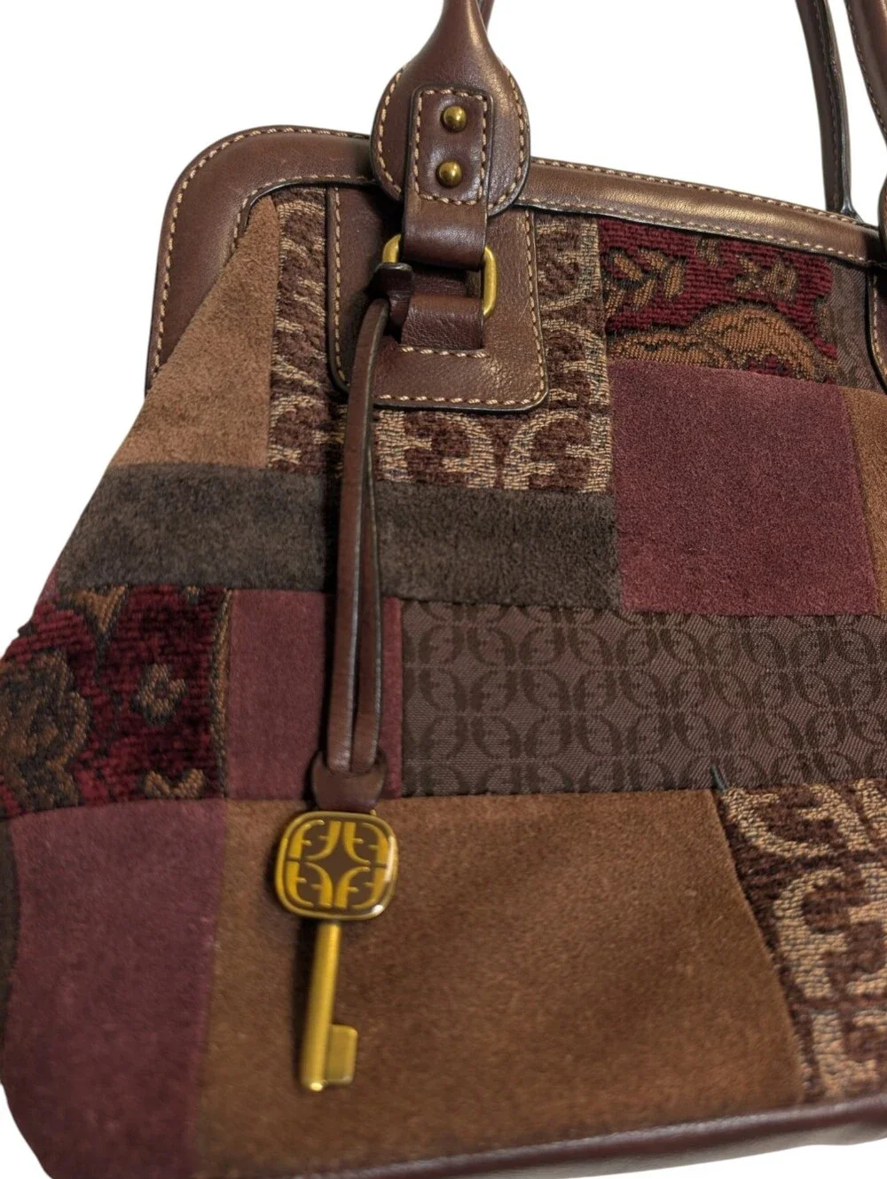 Fossil Suede Tapestry Patchwork Satchel Purse Handbag Boho